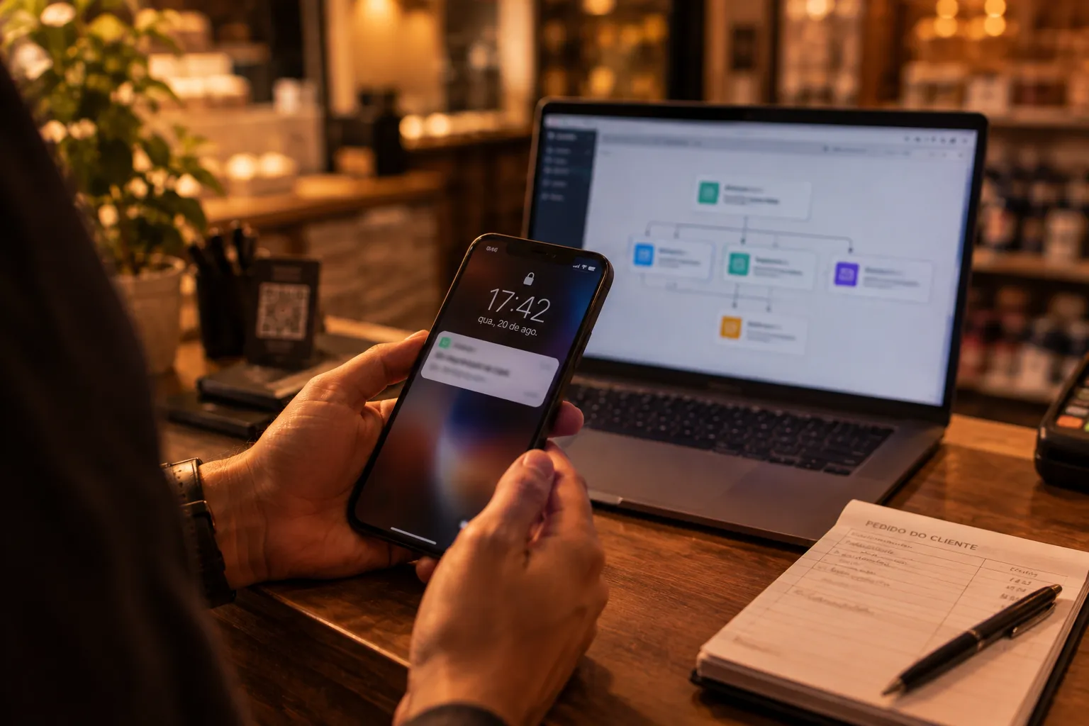 Mãos seguram no balcão da loja um celular com uma notificação nova, com um fluxo de automação de e-mail aberto no notebook ao fundo
