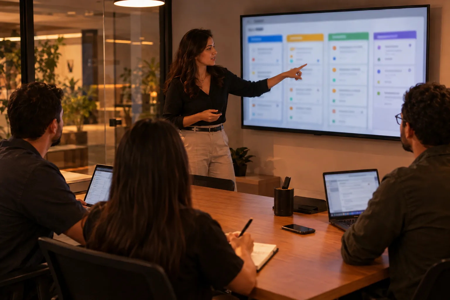 Consultora aponta para um funil de vendas em colunas na tela da sala de reunião enquanto a equipe comercial acompanha nos notebooks