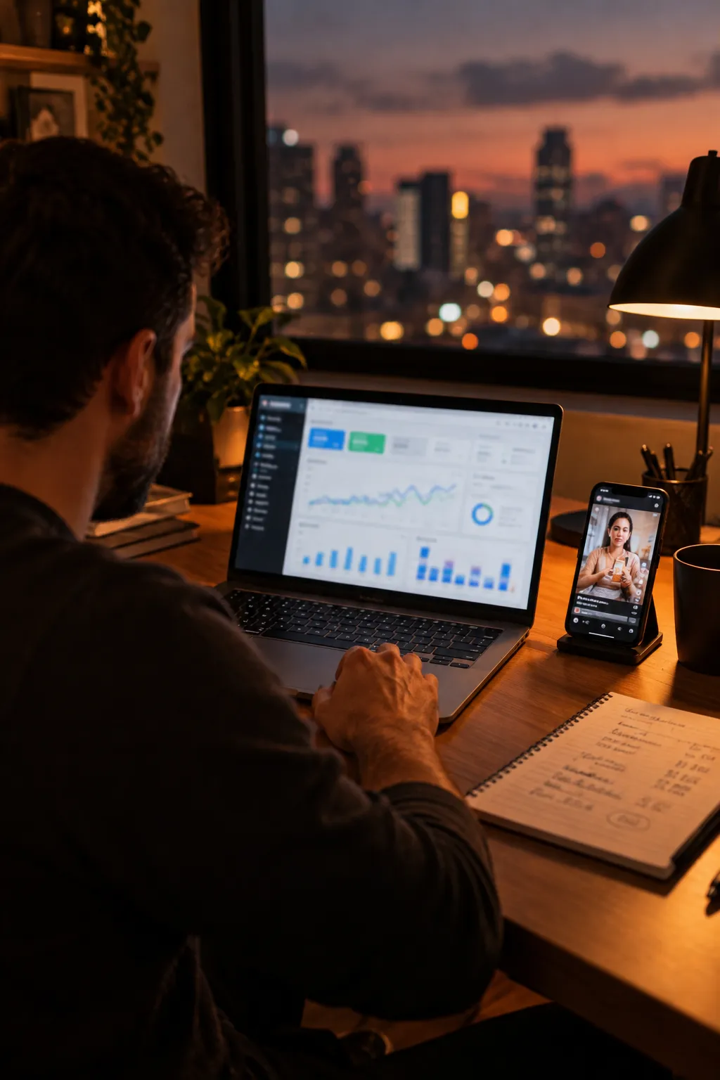 Especialista em tráfego pago acompanha um painel de campanhas no notebook, com um anúncio em vídeo rodando no celular ao lado, ao entardecer